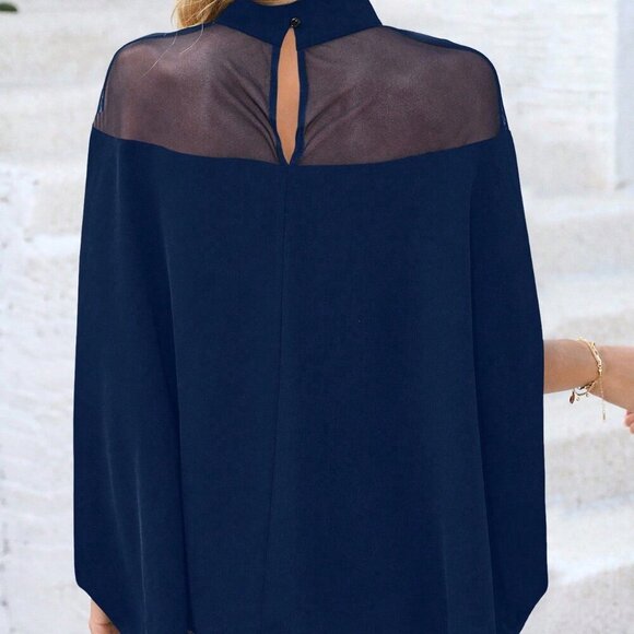 Navy Blue Casual Women's High Collar Mesh Blouse - Picture 2 of 7